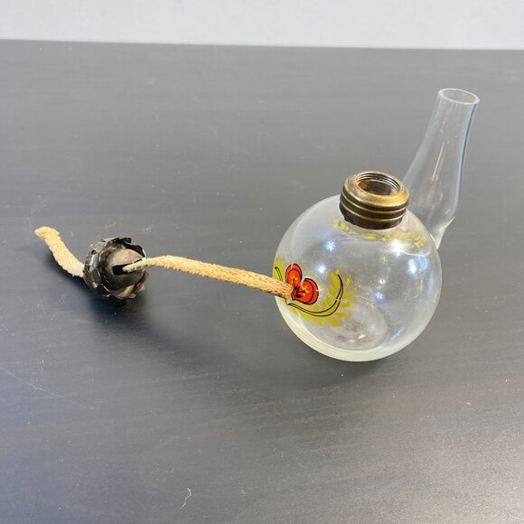 Miniature Oil Lamp Glass Hand Painted red White Flowers, Clear Top, Mini Lamp. - Picture 4 of 10